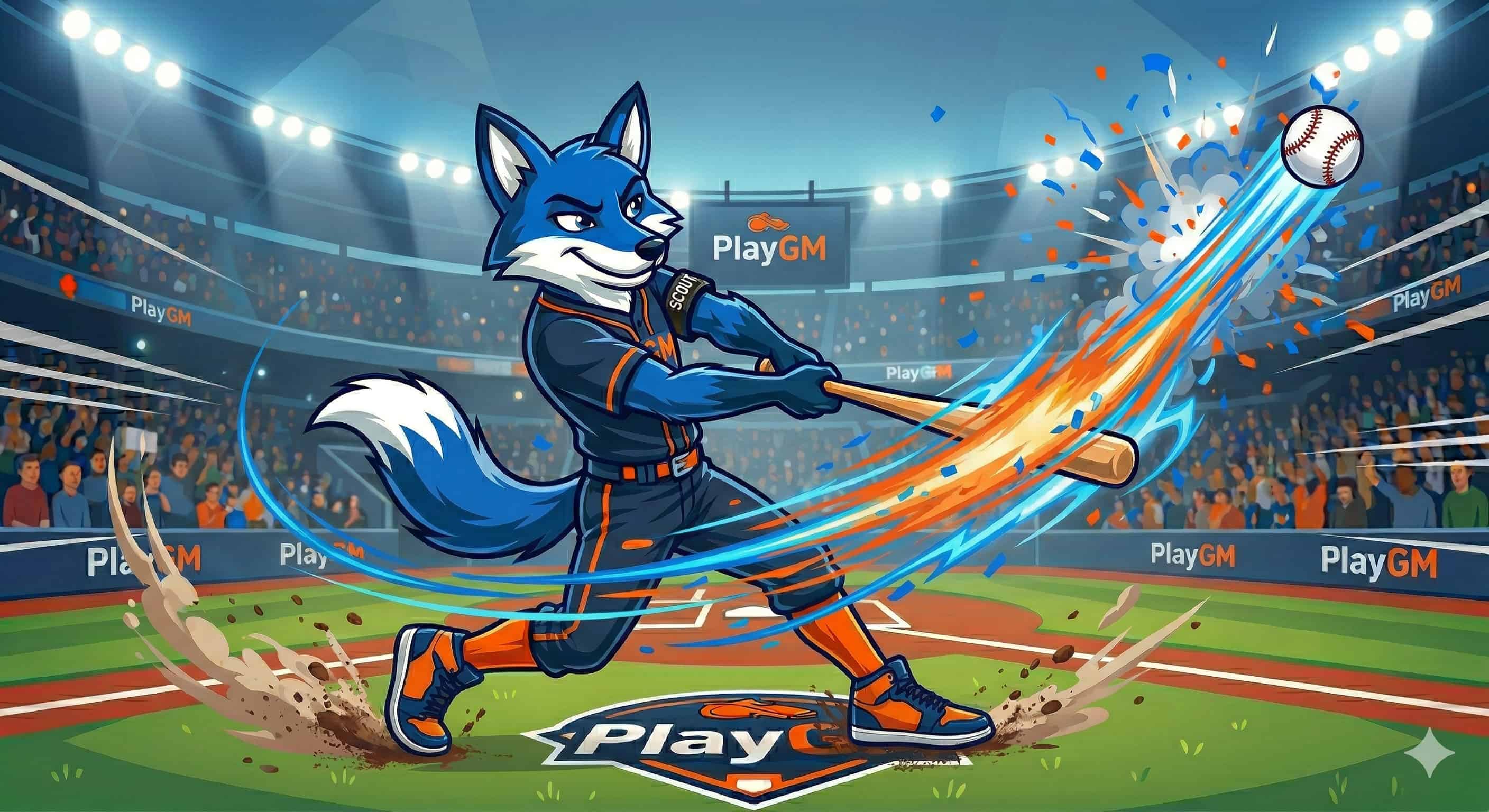 Scout the Fox swinging a baseball bat