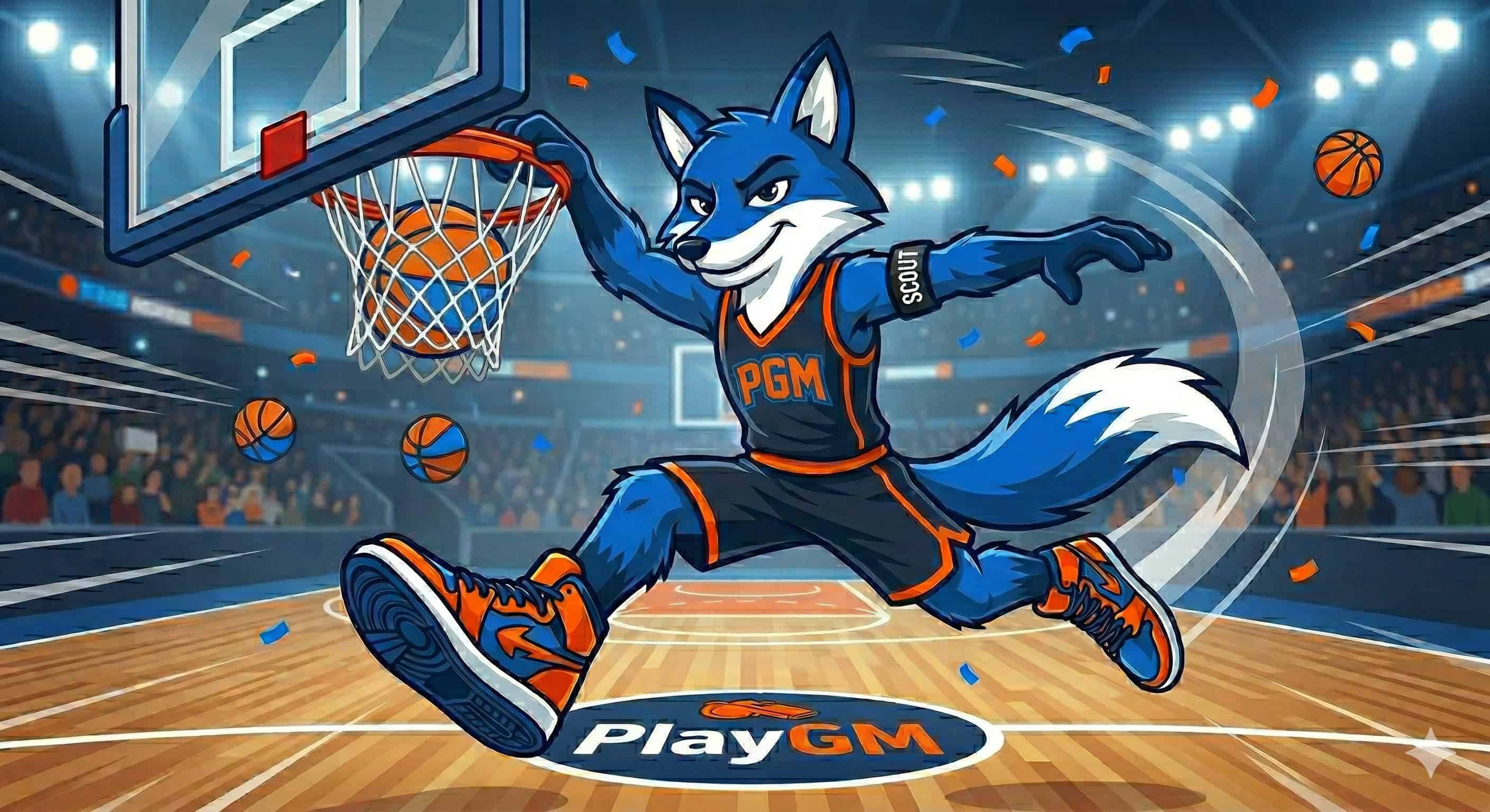 Scout the Fox dunking a basketball