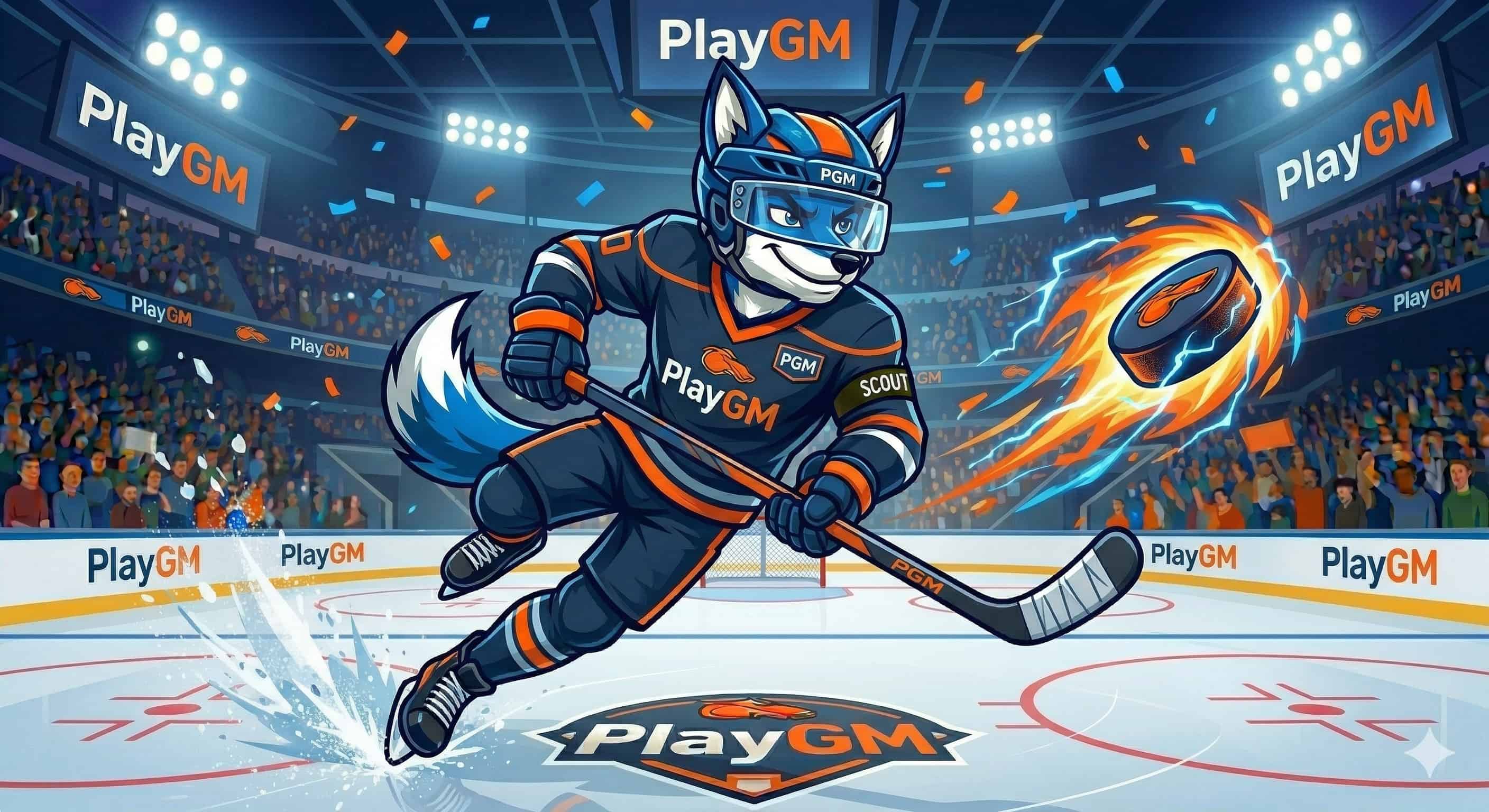 Scout the Fox slap-shooting a puck