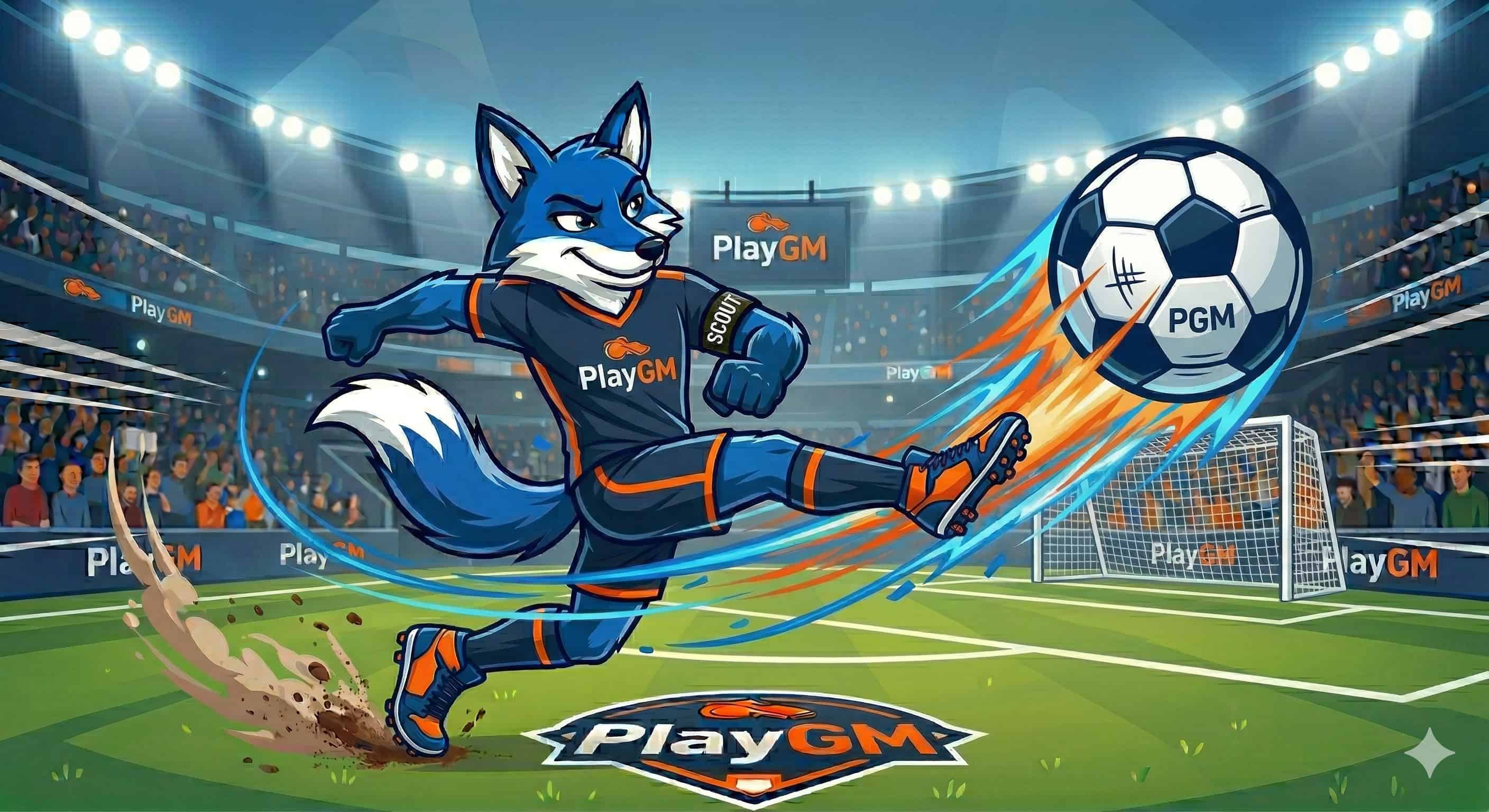 Scout the Fox striking a soccer ball